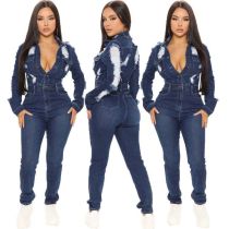 Fashion casual phoenix button long-sleeved sexy denim ripped jumpsuit