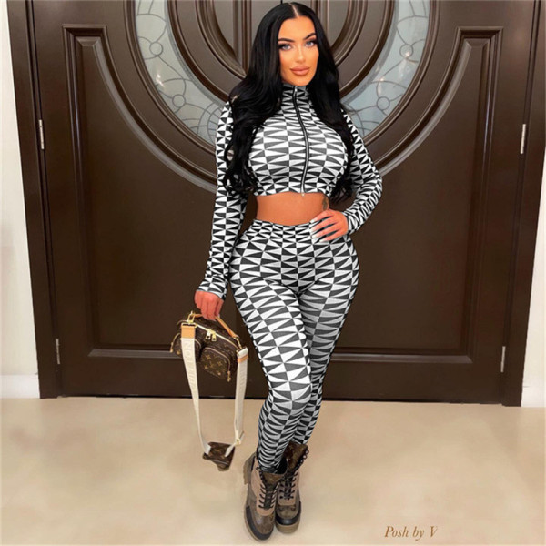 Women's plaid contrast color patchwork cardigan slim sports casual pants set