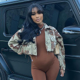 Fashion camouflage embroidered pocket long sleeve short top coat