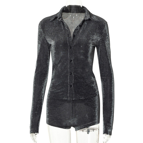 Women's fashion flash long-sleeved lapel cardigan shirt pocket tight shorts casual suit