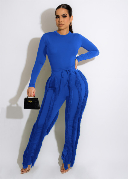 Women's suit fringed lace jumpsuit two-piece solid color sports
