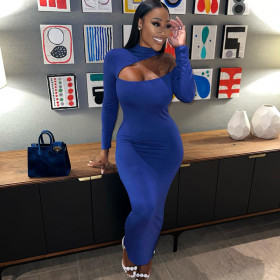 Round neck off-shoulder tight solid color buttock wrapped long-sleeved dress