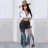 Multi-panel checkered horn denim ruffle trousers