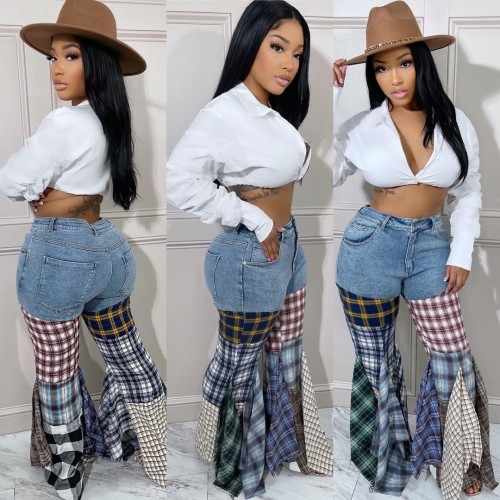 Multi-panel checkered horn denim ruffle trousers