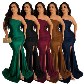 Women's dress evening dress one-shoulder split sexy long skirt