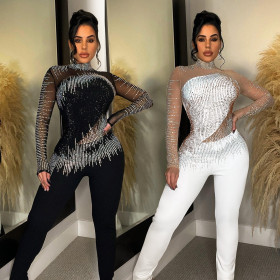 Fashion women's pure color mesh ironing long-sleeved trousers jumpsuit