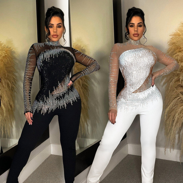 Fashion women's pure color mesh ironing long-sleeved trousers jumpsuit