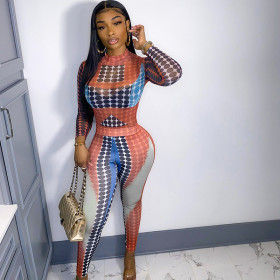 Women's polka dot print tight long-sleeved round-neck one-piece top with buttocks and trousers casual suit