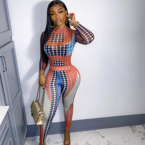 Women's polka dot print tight long-sleeved round-neck one-piece top with buttocks and trousers casual suit