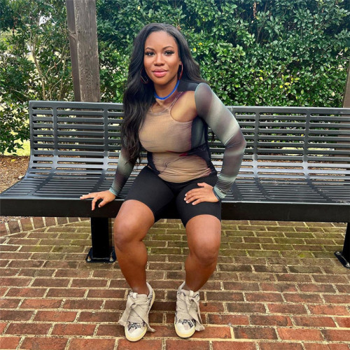 Women's fashion print round neck street trendy mesh contrast color long-sleeved top