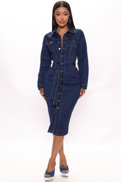 Denim long sleeve slim slim medium length single breasted jacket sexy women's dress