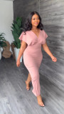Fashion casual split V-neck short sleeve multicolor dress