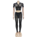Fashion women's pure color mesh ironing short-sleeved trousers two-piece set