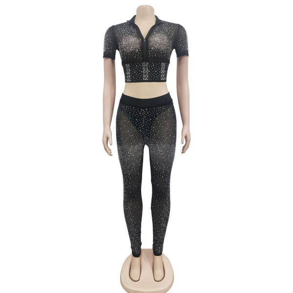 Fashion women's pure color mesh ironing short-sleeved trousers two-piece set