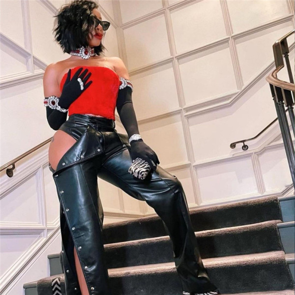 Sexy hollow-out hip lifting high waist tight button split imitation leather casual pants