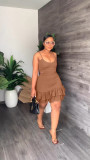 Casual fashion suspender low-cut ruffle buttock dress