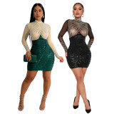 Polyester mesh hot diamond patchwork sequin dress