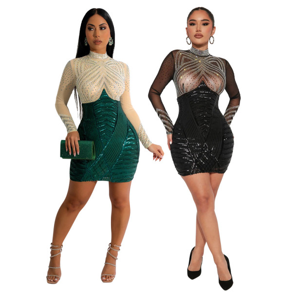 Polyester mesh hot diamond patchwork sequin dress