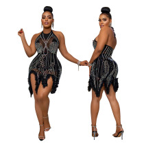 Fashion hanging neck hot diamond party perspective sexy dress irregular skirt