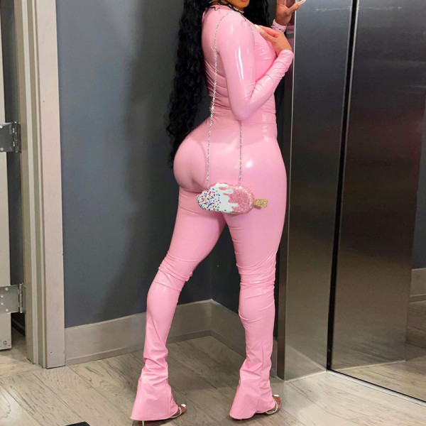 PU solid color long sleeve casual top tights suit two-piece set