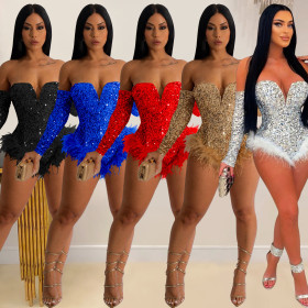 Fashion women's solid color beaded long sleeved shorts jumpsuit