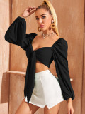 Ultra-short sexy lace-up slim bubble sleeve shirt long-sleeve top
