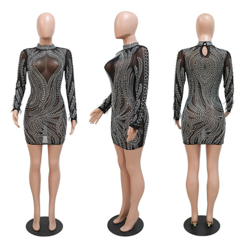 Fashion sexy perspective ironing show figure dress with buttocks and long sleeve skirt