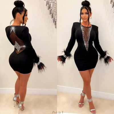 Perspective V-neck sexy party buttock dress fashion round neck long sleeve style