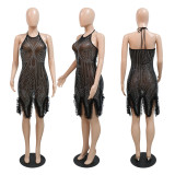 Fashion hanging neck hot diamond party perspective sexy dress irregular skirt
