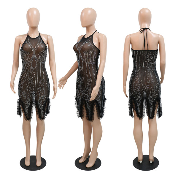 Fashion hanging neck hot diamond party perspective sexy dress irregular skirt