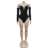 Fashion women's solid color beaded long sleeved shorts jumpsuit