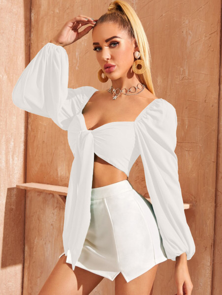 Ultra-short sexy lace-up slim bubble sleeve shirt long-sleeve top