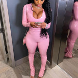 PU solid color long sleeve casual top tights suit two-piece set