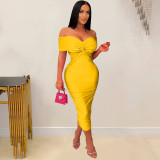 Fashion women's solid color pleated sleeveless long dress, bra dress