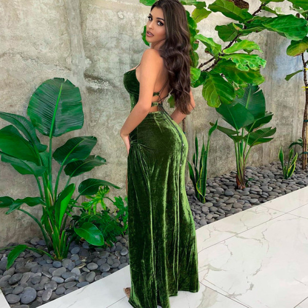Fashion sexy slim open back lace-up slit slim dress