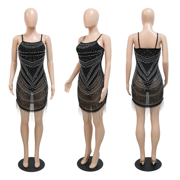 Sexy sling hot diamond bubble bead one-neckline nightclub party dress