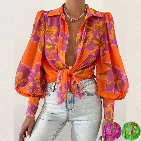 Sexy women's bubble sleeve lapel long-sleeved shirt printed shirt
