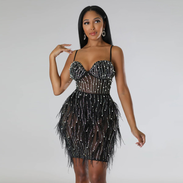 Fashion women's sleeveless sling ironing feather dress