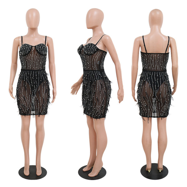 Fashion women's sleeveless sling ironing feather dress