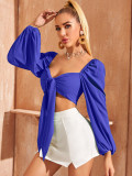 Ultra-short sexy lace-up slim bubble sleeve shirt long-sleeve top