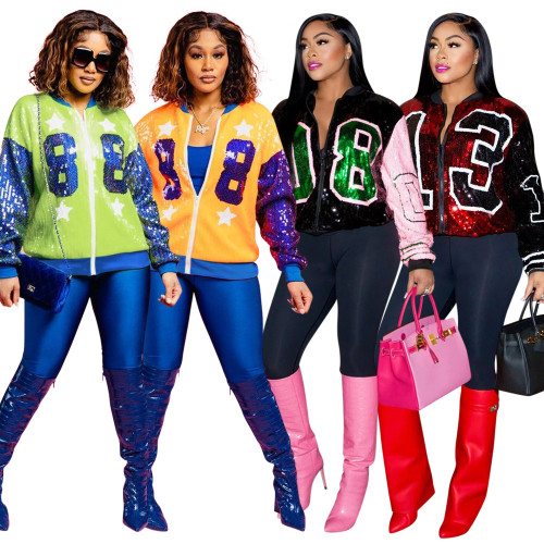 Sequin casual sports top zip coat