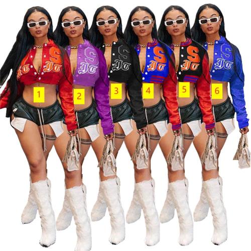 Sexy open navel round neck loose short jacket bomber