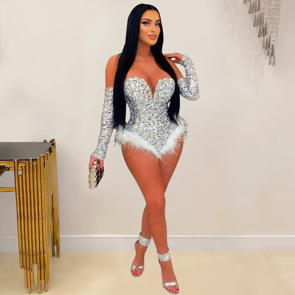 Fashion women's solid color beaded long sleeved shorts jumpsuit