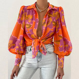 Sexy women's bubble sleeve lapel long-sleeved shirt printed shirt