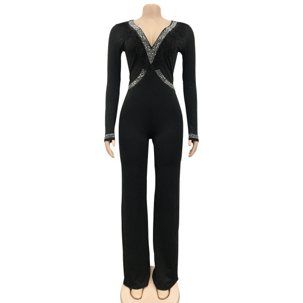 Fashion women's tassel hot diamond V-neck long-sleeved trousers jumpsuit