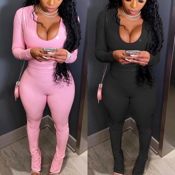 PU solid color long sleeve casual top tights suit two-piece set