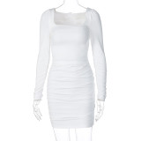 Temperament slim long sleeve pleated solid color dress