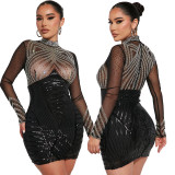 Polyester mesh hot diamond patchwork sequin dress