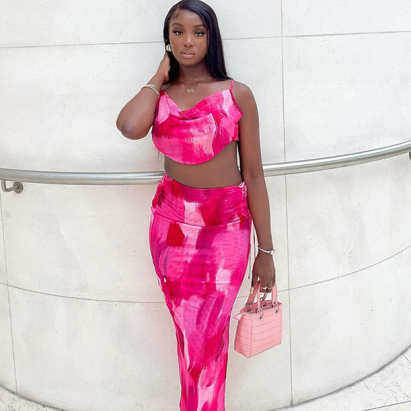 Strap swing collar top high waist wrap hip skirt fashion two-piece suit