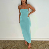 Fashionable sexy backless lace-up temperament long dress with bra and neck hanging dress